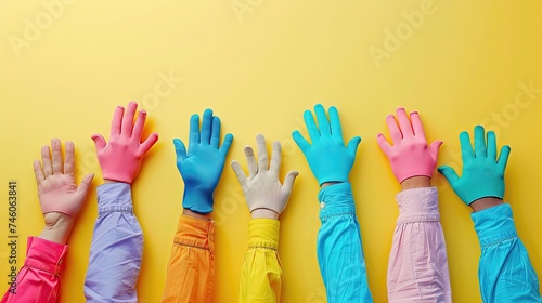 Colorful rubber gloves on hands against a yellow background. photo