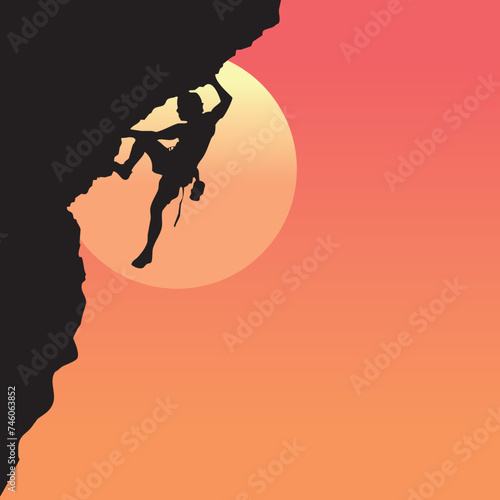Fototapeta Naklejka Na Ścianę i Meble -  silhouette of a man climbing a mountain rappelling
