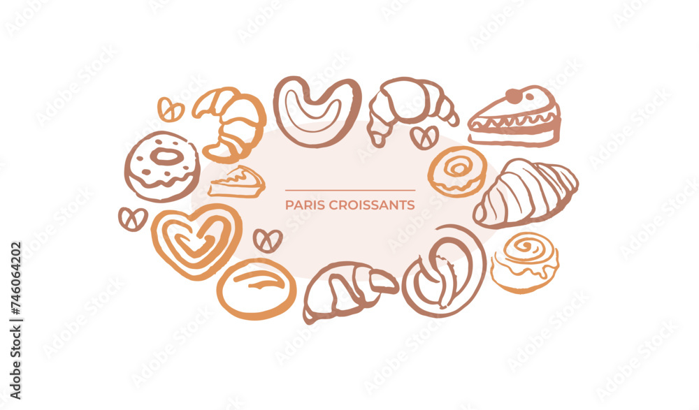 Isoplated vector set of croissants. Menu template. Bakery. Hand drawn template with pastries sketch. Fresh bakery. Shop. Pastry.