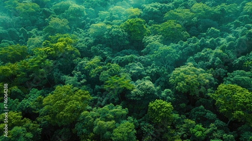 Aerial view of dense, green forest canopy.