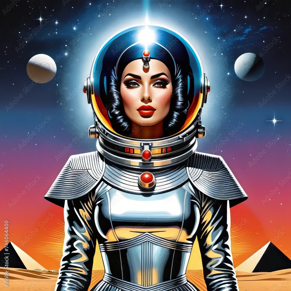 beautiful, female egyptian astronaut in silver space suit in desert with pyramids and planets in the sky beautiful, female egyptian astronaut in silver space suit in desert with pyramids and planets in the sky
