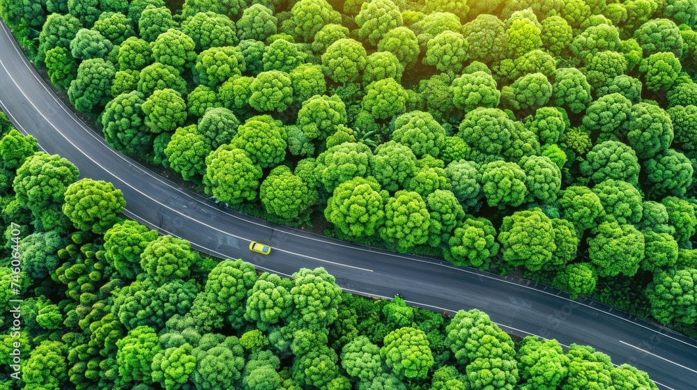 Aerial shot of a winding road cutting through a dense green forest with a yellow car.
