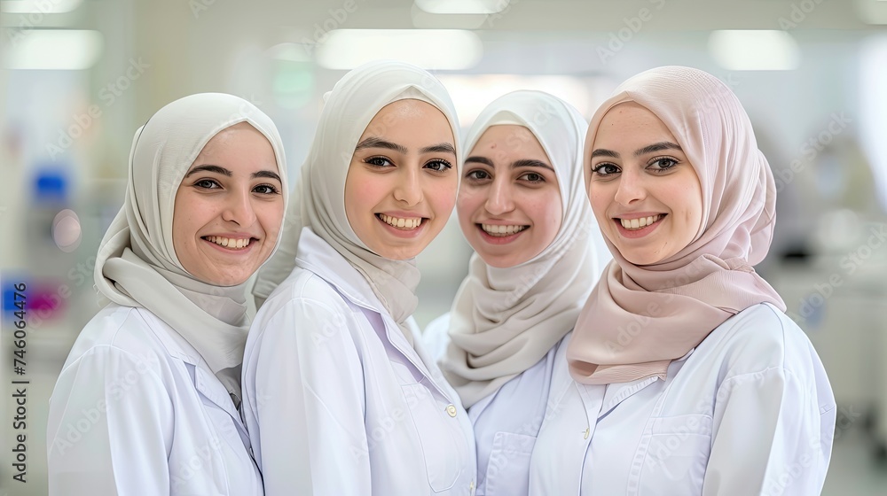 Four smiling female healthcare professionals in hijabs and lab coats. Four smiling female healthcare professionals in hijabs and lab coats.