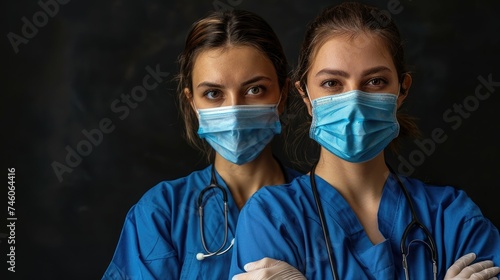 Two female healthcare workers in blue scrubs and surgical masks standing confidently.
