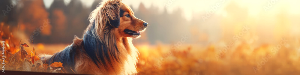 Happy beautiful dog on a blurred autumn forest background. Banner, panorama. Website header. Copy-space.