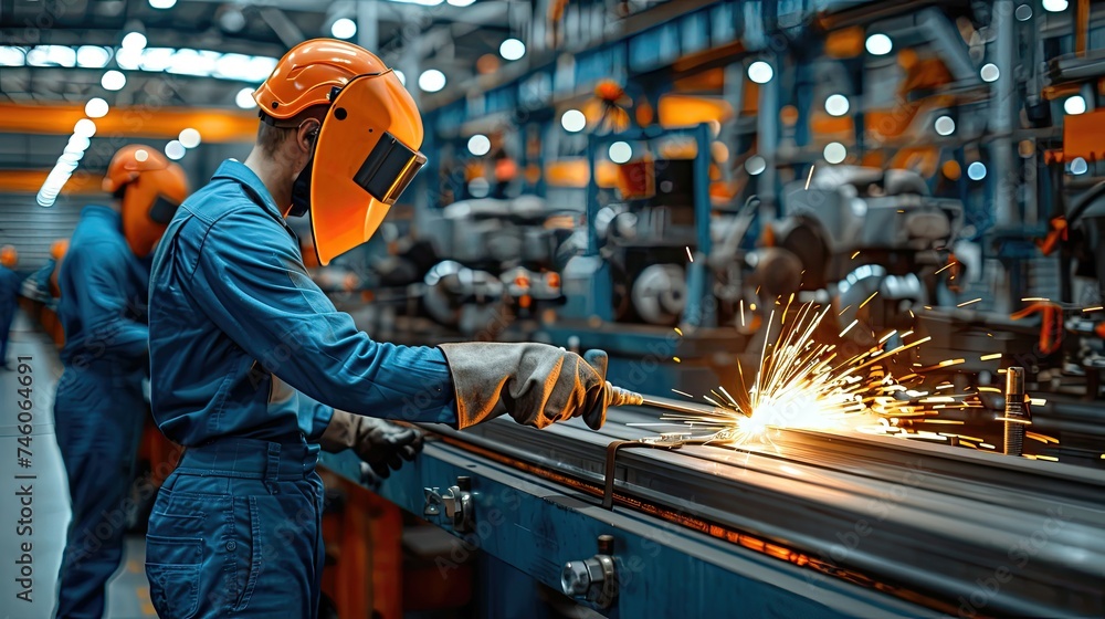 Industrial worker in orange helmet welding metal with sparks. Industrial worker in orange helmet welding metal with sparks.