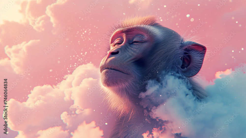 A pensive dreaming monkey looks skyward surrounded by swirling pink clouds and a sprinkle of stars in the sky