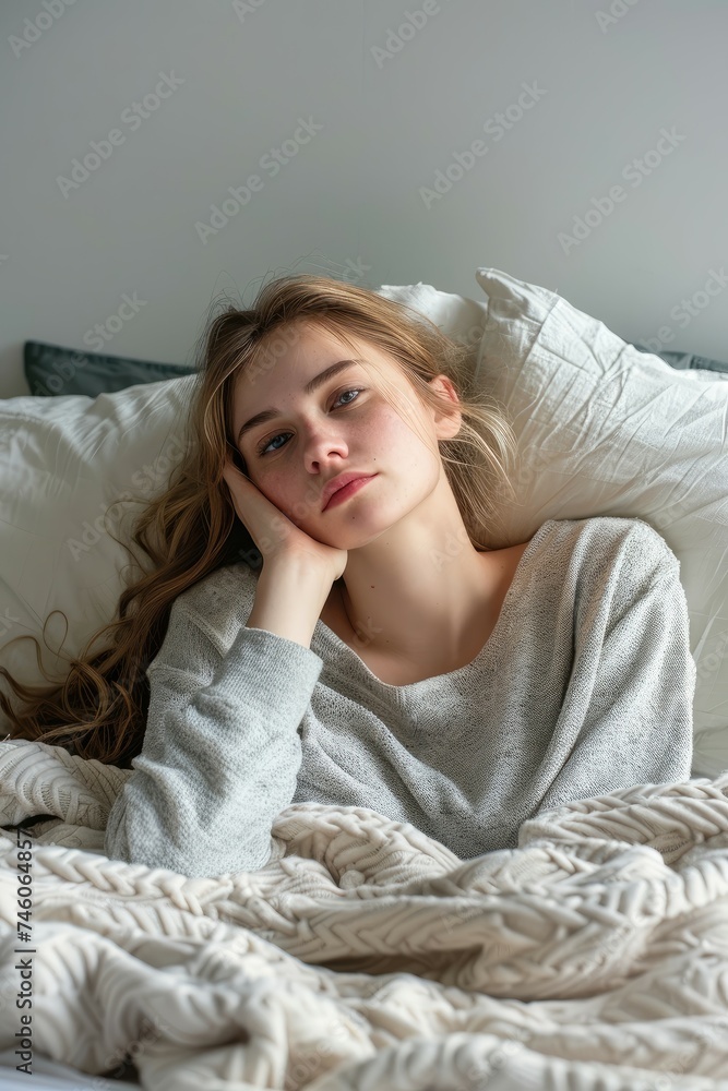 Young woman lounging in bed with a pensive look. Young woman lounging in bed with a pensive look.