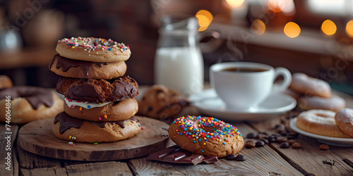 Stack of assorted donuts a jug of milk and a cup of coffee  © Sadia