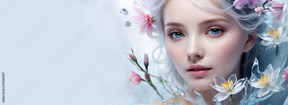 Beautiful blonde woman with flowers, water and ice around her head on light blue background. Spring,beauty and renovation concept.Art collage style. Banner for design.Generative AI. Beautiful blonde woman with flowers, water and ice around her head on light blue background. Spring,beauty and renovation concept.Art collage style. Banner for design.Generative AI.
