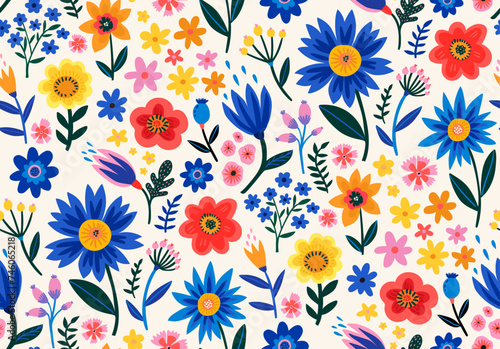 Bold folk art flowers pattern, big blue, red and yellow flowers field, bright garden texture for print on paper and textile. Random ditsy detailed ornament