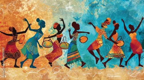 African ethnic retro vintage illustration with silhouettes of dancing people on holiday