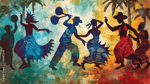 African ethnic retro vintage illustration with dancing people silhouettes and palm trees