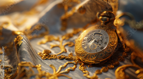 gold pocket watch on a tablecloth, in the style of lensbaby composer photo