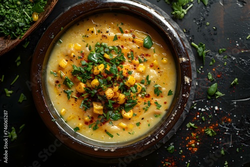 Locro on a black background top view Argentinian Cuisine. Concept Food Photography, Argentine Cuisine, Top View, Black Background, Locro photo