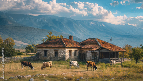 village view, Old house, mountain landscape, grazing cows