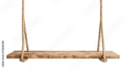 empty wooden shelf hanging on rope on transparent