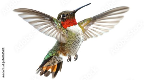Ruby-throated Hummingbird male in flight; isolated on transparent