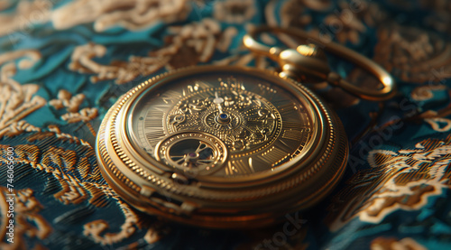 gold pocket watch on a tablecloth, in the style of lensbaby composer photo