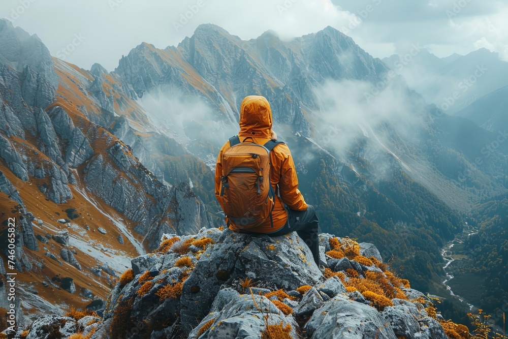 An adventurous hiker in orange gear sits on a rock, contemplating a majestic mountain valley - obrazy, fototapety, plakaty 