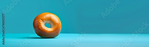 crispy bagel with seeds on blue background for breakfast and a copy space photo