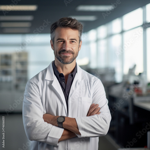 Male Pharmacist smiling with his hands crossed, wearing a white lab coat, assembling prescription drugs for consumers