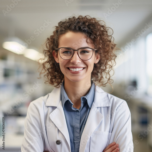 Portrait of a Smiling Female Pharmacist wearing glasses in a white lab coat with a Doctor's Degree