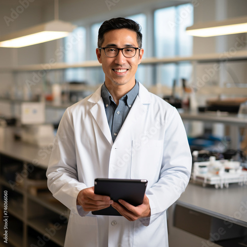 portrait of a doctor holding a clipboard and standing behind the counter at a lab preparing drugs for a pharmacy