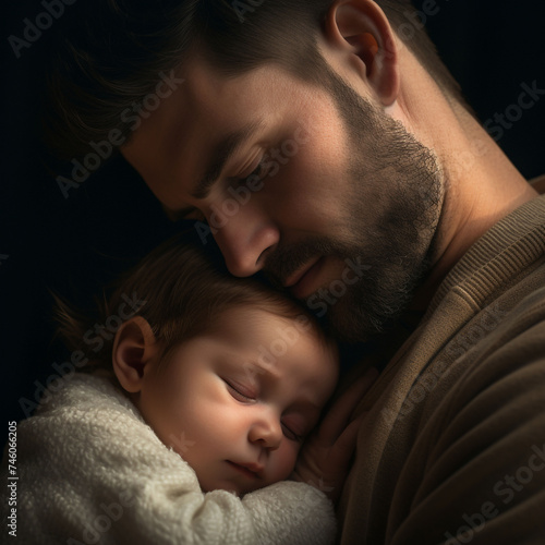 A father falls asleep with his newborn baby girl, snuggling her close as she sleeps soundly on his chest