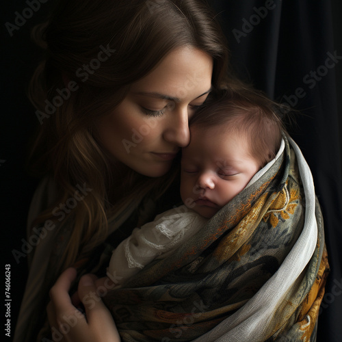 A new mom nuzzling her newborn baby, hugging and holding her swaddled child close. 