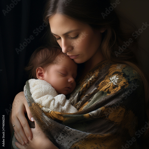 A young mother holding her resting newborn baby close to her, singing it to sleep