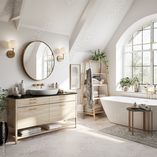 Large Modern Washroom interior with oversized soaker bathtub, window, plants, ladder storage for linens and towels, and lovely wood vanity finish