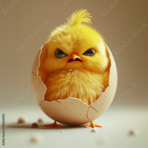 Illustration of a cute and angry chick, getting out of a cracked egg, AI-generated image © Guga