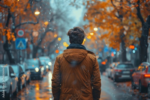 Back view of a man standing in a rainy autumn scene, contemplating the vibrant city life