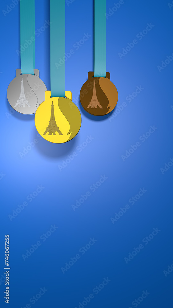 Gold Silver Bronze Olympic sports medals render vertical Paris 2024 Gold Silver Bronze Olympic sports medals render vertical Paris 2024