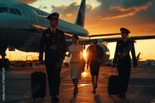 Asian crew walking with their luggage on the runway leaving the plane behind at dusk