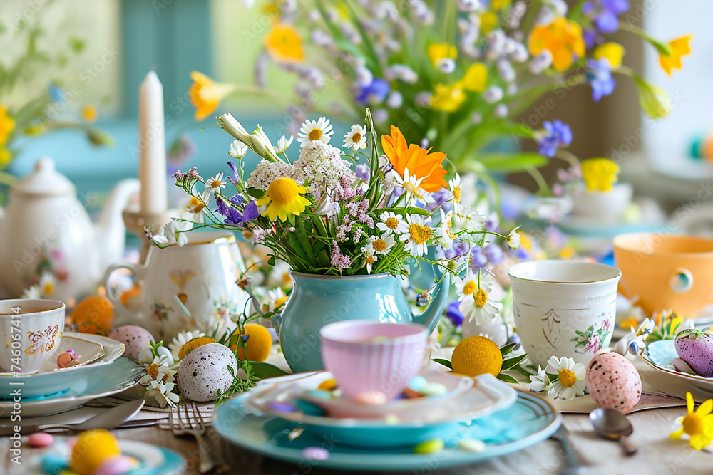 Easter table place settings decorated with spring flowers and Easter eggs