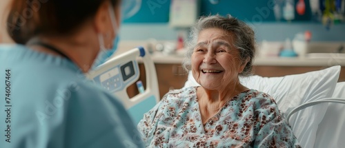 A senior woman's warm smile fills the hospital room as she chats with a caregiver, her spirit undiminished by her surroundings.