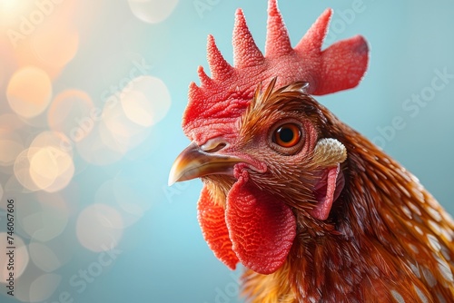 Detailed image capturing the textured and colorful features of a rooster's head with a blurred background photo