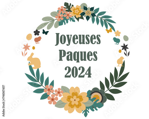 Couronne de fleur joyeuses pâques 2024 avec détail lapin, oeuf, et poule