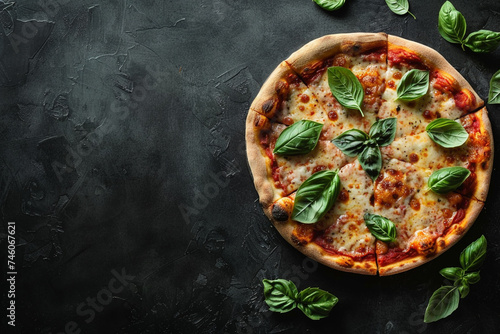 Top view of Delicious italian pizza on dark table with space for text