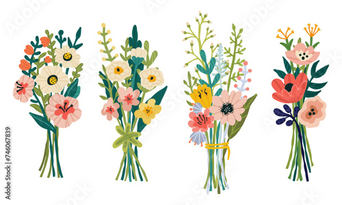 Spring set with festive floral bouquets. Hand drawn flat cartoon elements. Vector illustration