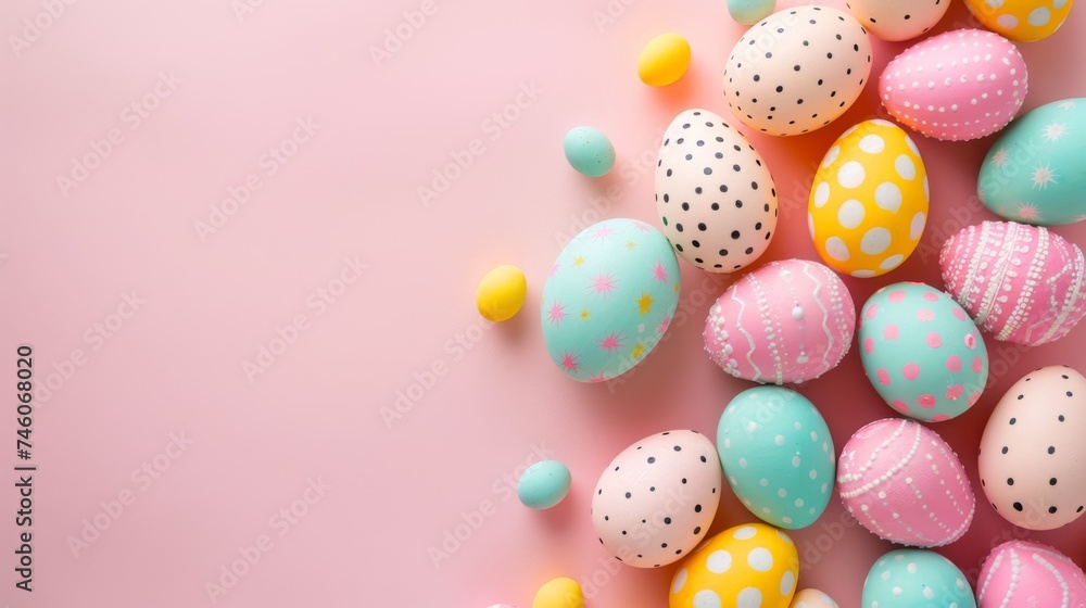 Easter decoration colorful eggs on pink background with copy space. Beautiful colorful easter eggs. Happy Easter. Isolated.