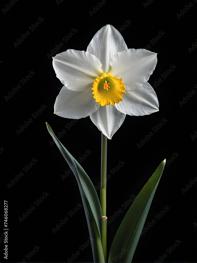 Obraz premium Delicate Simplicity: White Daffodil on Black Background. generative AI