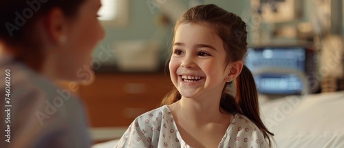 A young girl, wide-eyed and smiling, chats animatedly in a bright hospital ward, her joyful energy casting a warm glow.