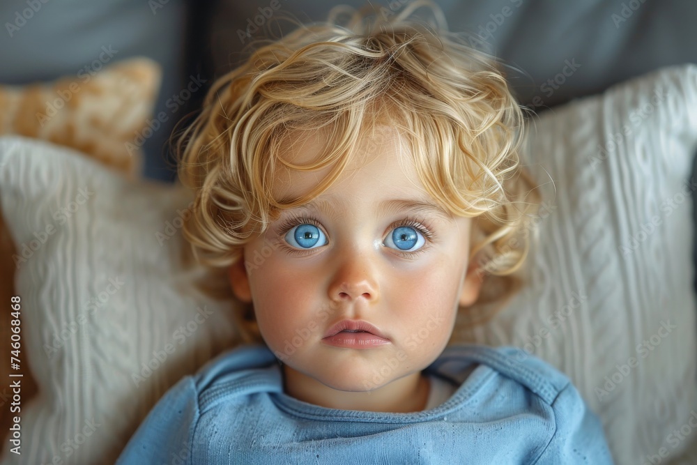Close-up of an adorable toddler with striking blue eyes looking upwards in a moment of innocence and curiosity Close-up of an adorable toddler with striking blue eyes looking upwards in a moment of innocence and curiosity