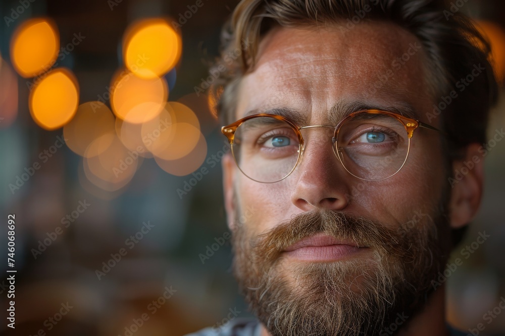 Intimate close-up of a bearded man with glasses, showing a thoughtful expression and warm bokeh