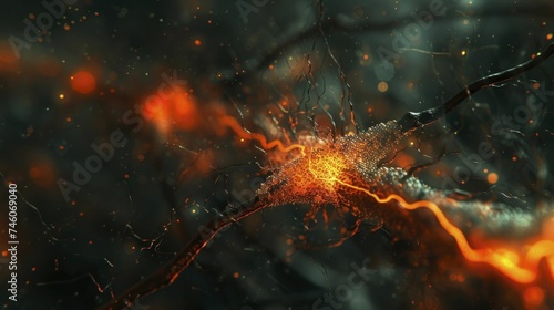 A close-up of dendrites and axons  set against the enigmatic neurological background in dim haze.