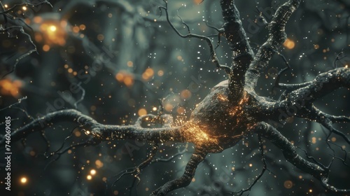 A neuron with its axon reaching out, touching another, in a symbolic gesture of learning and memory formation, against a dark, unfocused background. photo