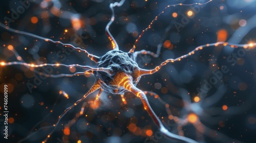 A neuron extends its axon to touch another, symbolizing learning, memory, amid a dark, blurred backdrop. photo